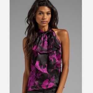 Milly Top Floral Mirage Print Gwyneth Bow Halter in Magenta Sleeveless